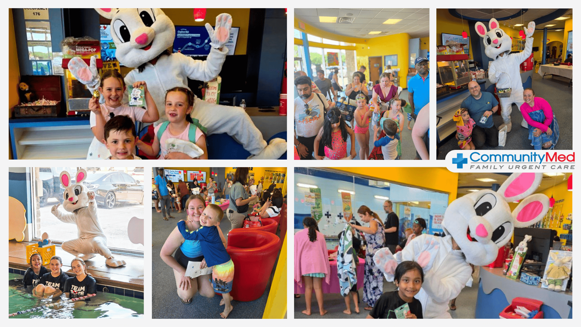 Booboo Bunny and families celebrating Easter with CommunityMed at Aqua-Tots North Richland Hills